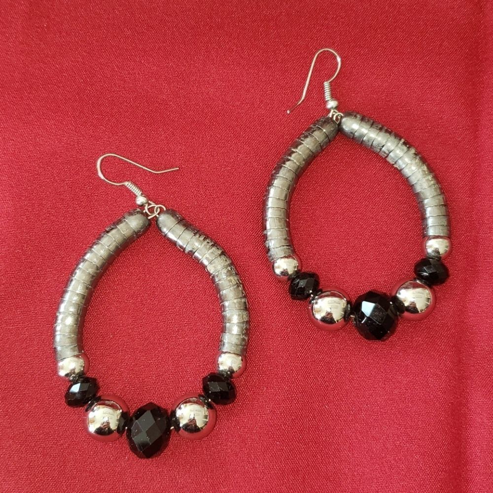 Hand Crafted Black n Silver Beaded Hoop Earrings